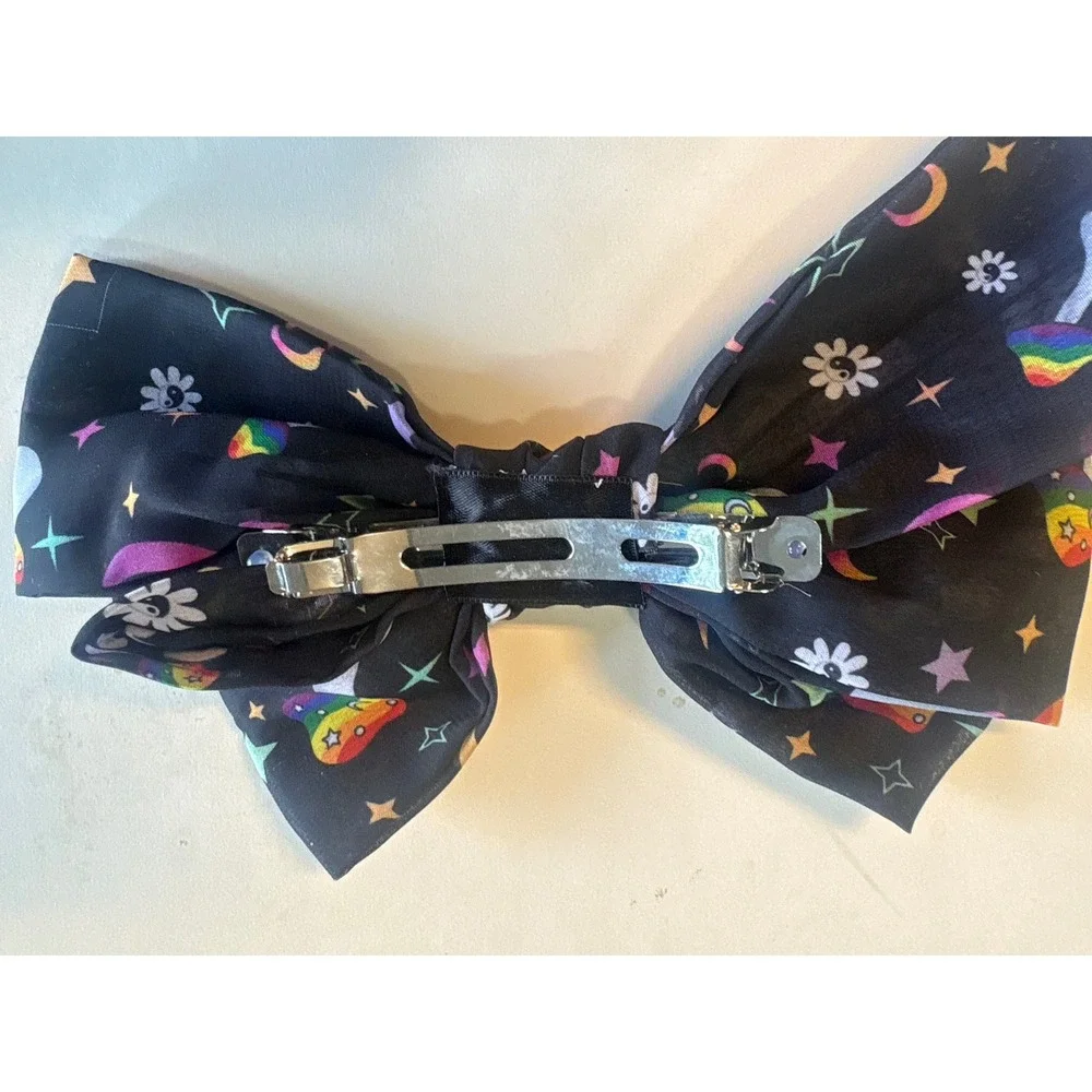 Rainbow Mushroom Moon Star Navy Blue Hair Bow Barrette Accessory‎